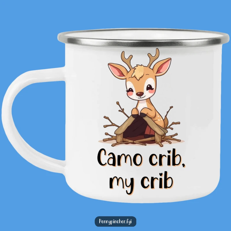 Funny Deer Crafter Camping Mug: Enamel mug with a deer building a twig shelter for outdoor fun.