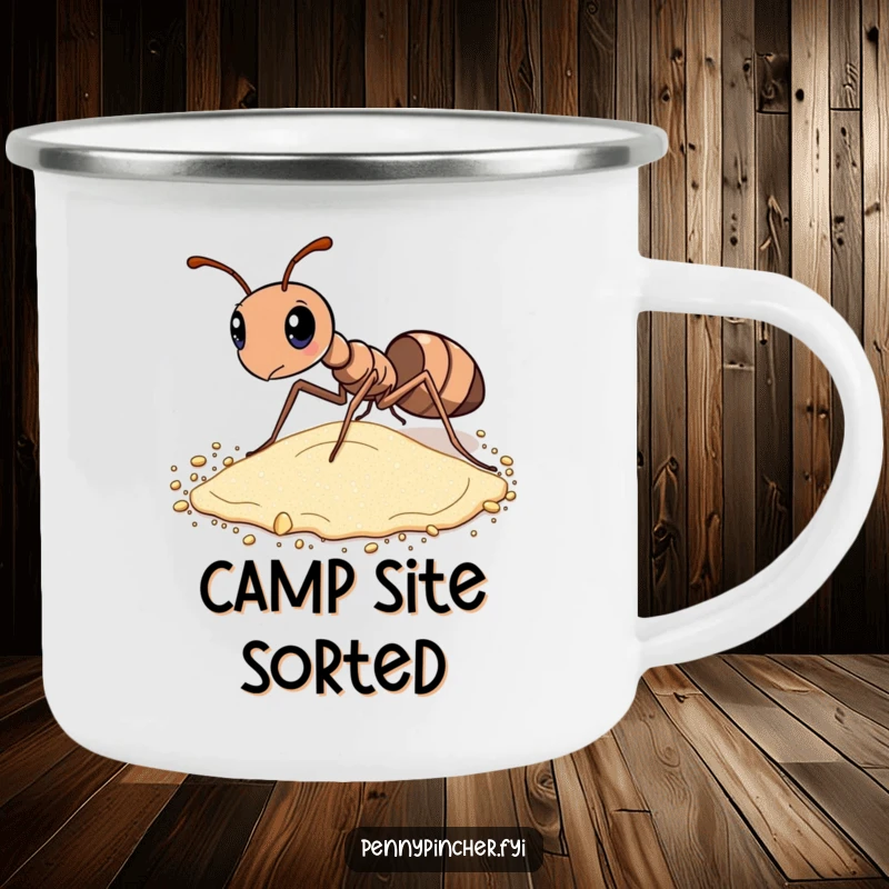 Funny camping mug showing a diligent ant meticulously sorting grains of sand, perfect for outdoor organization and fun.