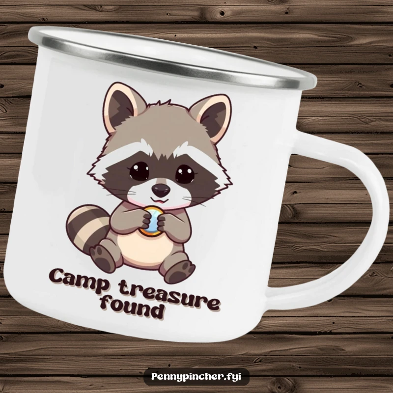 Funny raccoon camping mug, a mischievous character examining a shiny button during an outdoor adventure, durable gift.