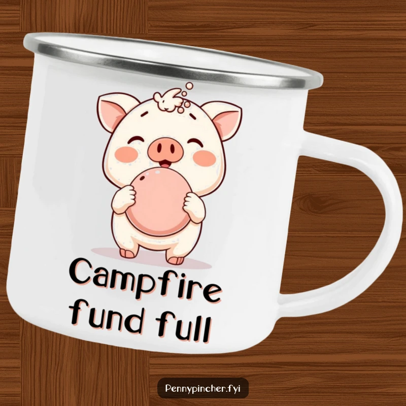 Funny camping mug, animal character proudly displaying an overflowing piggy bank, designed for outdoor enthusiasts who value success and humor.