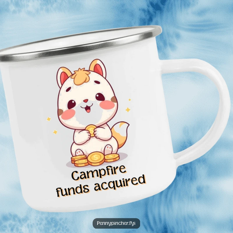 Funny camping mug showing a cute animal character gleefully counting coins, perfect for outdoor trips, a humorous money-themed gift.