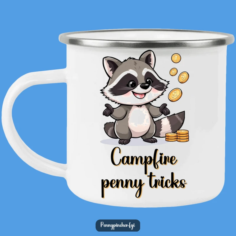 Funny Raccoon Camping Mug: Juggling raccoon w/ pennies, perfect outdoor funny gift.