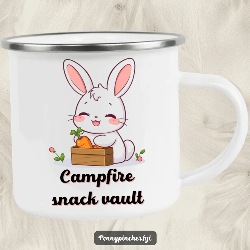 Funny camping mug showing a giggling rabbit protecting a carrot in a tiny treasure chest, ready for any outdoor escapade.