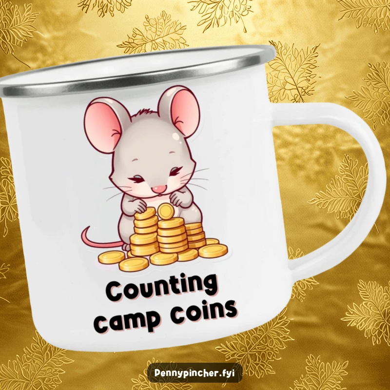 Funny camping mug featuring a shy mouse character meticulously counting a small pile of coins, perfect for enjoying drinks outdoors with a touch of humor.