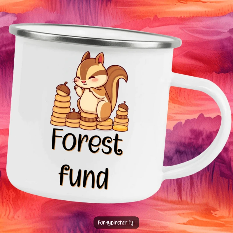 Funny chipmunk character camping mug, diligently stacking coin-shaped acorns, perfect for enjoying warm drinks with a humorous nod to saving outdoors.