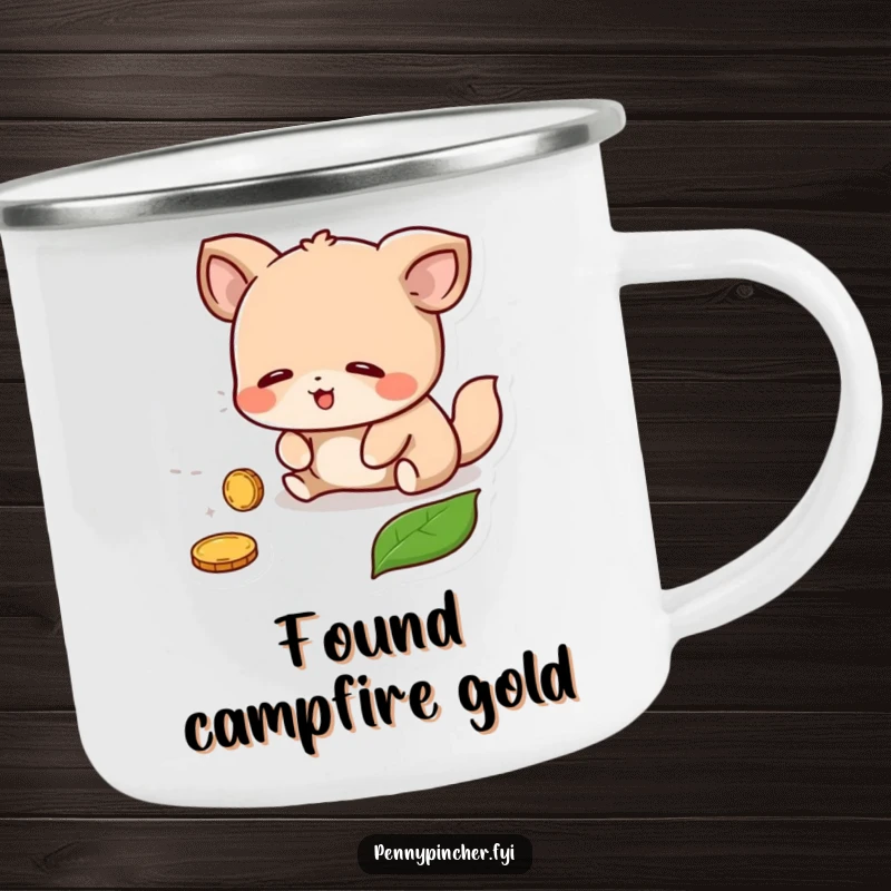 Funny Camping Mug: An animal character happily finds a lost coin under a leaf, perfect for outdoor adventures.