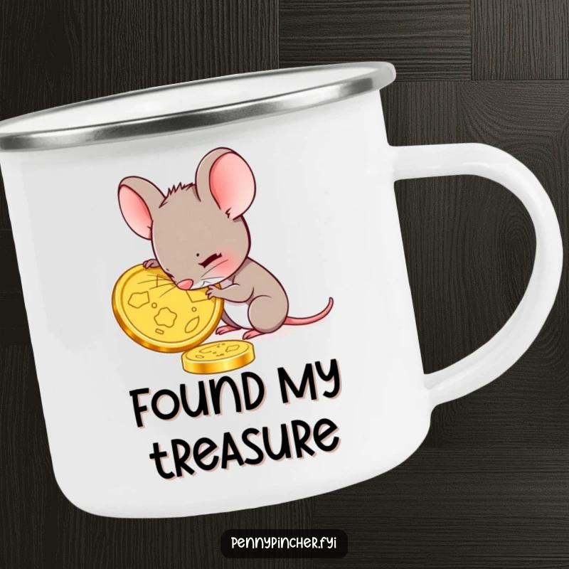 Funny mouse camping mug with a focused mouse examining a gold coin, perfect for outdoor enthusiasts who appreciate detail and value.
