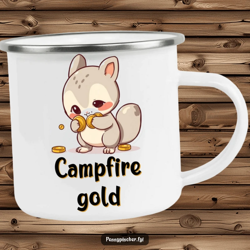 Funny Camping Mug showing a mischievous animal character with a playful grin, hiding coins behind its back, ready for outdoor adventures.