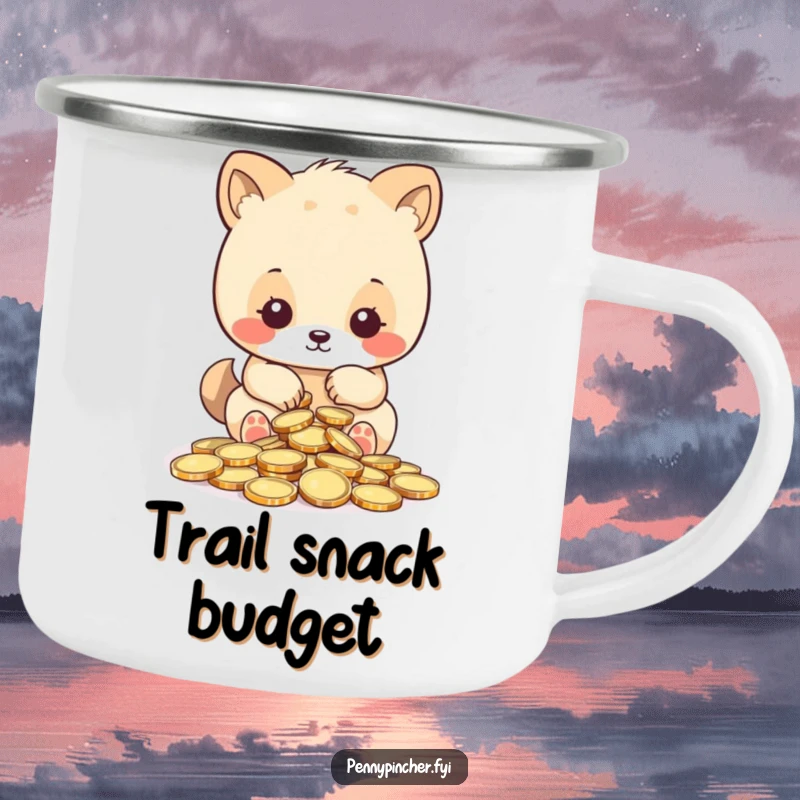 Funny camping mug, animal character meticulously counting shiny coins, designed for outdoor enthusiasts who value accuracy and humor.