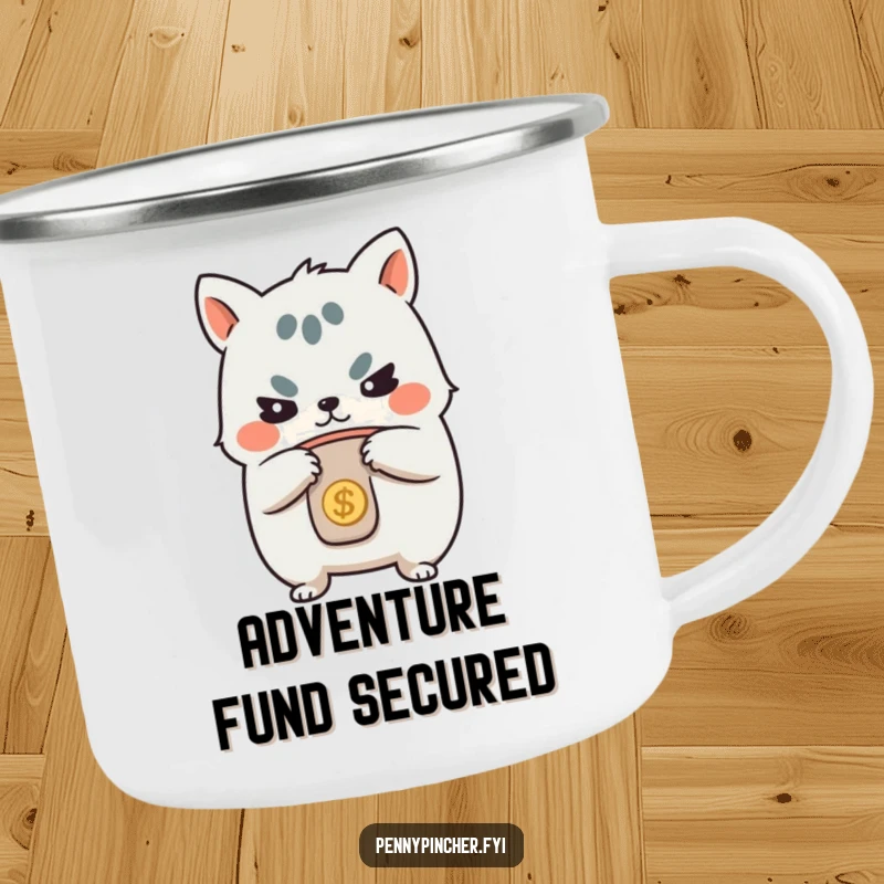 Funny camping mug, determined animal character guarding its coin purse, designed for outdoor enthusiasts who value savings and humor.