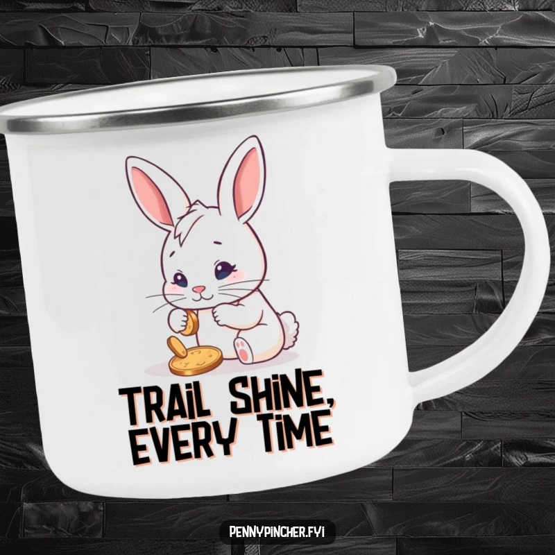 Funny camping mug featuring a determined rabbit character meticulously polishing a single shiny penny, perfect for outdoor drinks with a humorous, driven vibe.