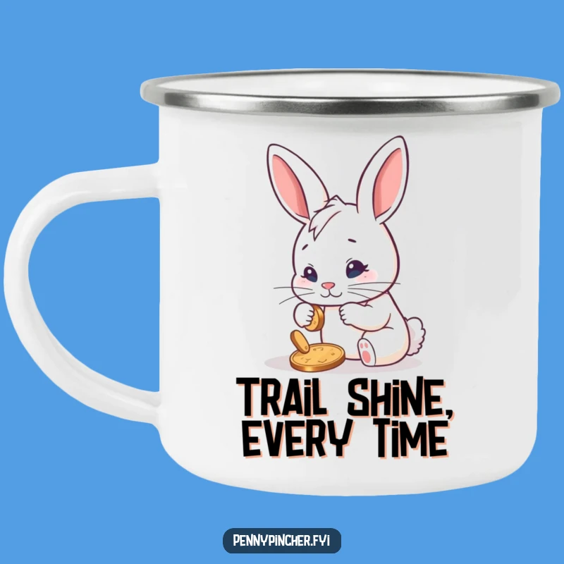 Funny Determined Rabbit Polishing Penny Camping Mug: Your Witty Companion for Outdoor Shine