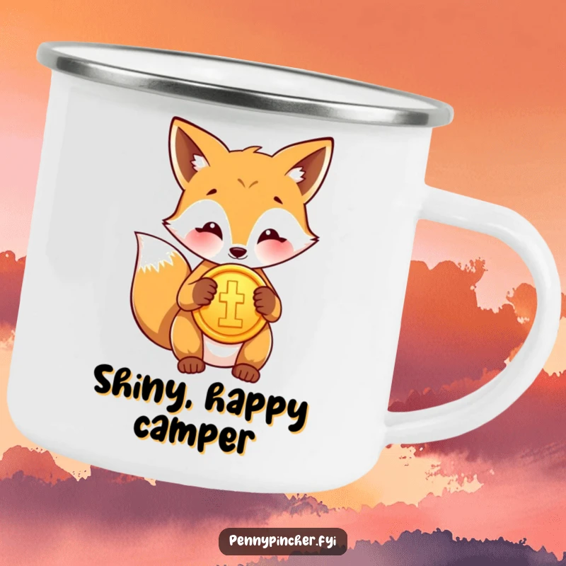 Funny camping mug showing a proud fox character polishing a shiny gold coin, ready for any outdoor escapade.