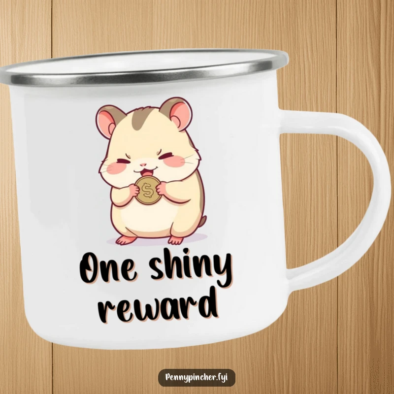 Funny camping mug with a small hamster character nervously clutching a single shiny coin, ready for outdoor challenges.