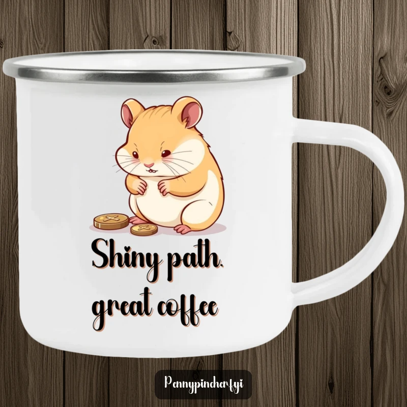 Funny determined hamster polishing a shiny penny on an enamel camping mug, designed for diligent adventurers.