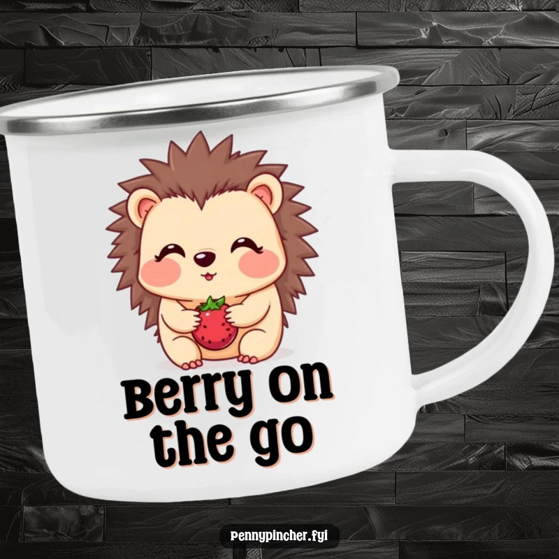 Funny hedgehog camping mug, a blushing character balancing a berry, durable and humorous for outdoor use.