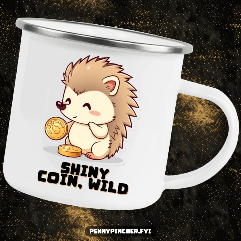 Funny hedgehog camping mug with a proud hedgehog polishing a shiny coin, perfect for outdoor enthusiasts with a sense of humor.