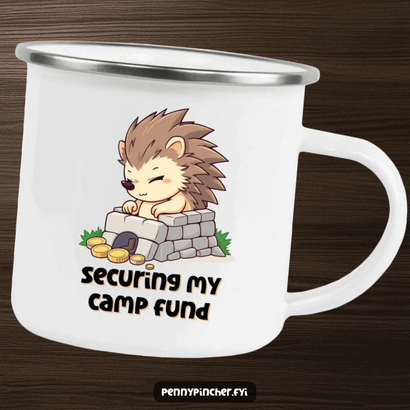 Funny determined hedgehog building a small coin fortress, a humorous camping mug for outdoor enthusiasts.