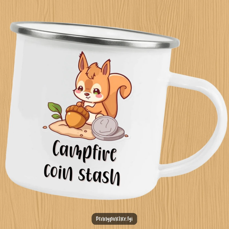 Funny camping mug featuring a hopeful squirrel character burying an acorn next to a large coin, perfect for outdoor drinks with a humorous, optimistic vibe.