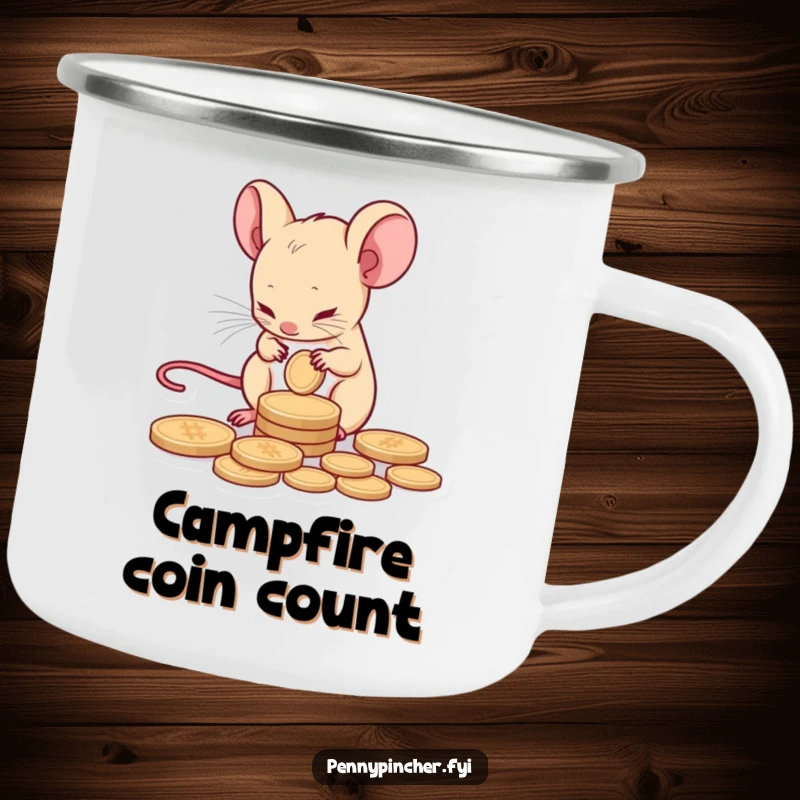 Funny camping mug featuring a tiny mouse character carefully counting a single coin, ready for outdoor enjoyment.