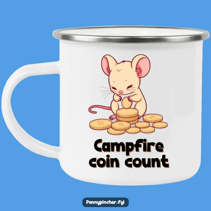 Funny Mouse Camping Mug: Tiny Saver Counts Coin for Campfire Budgeting