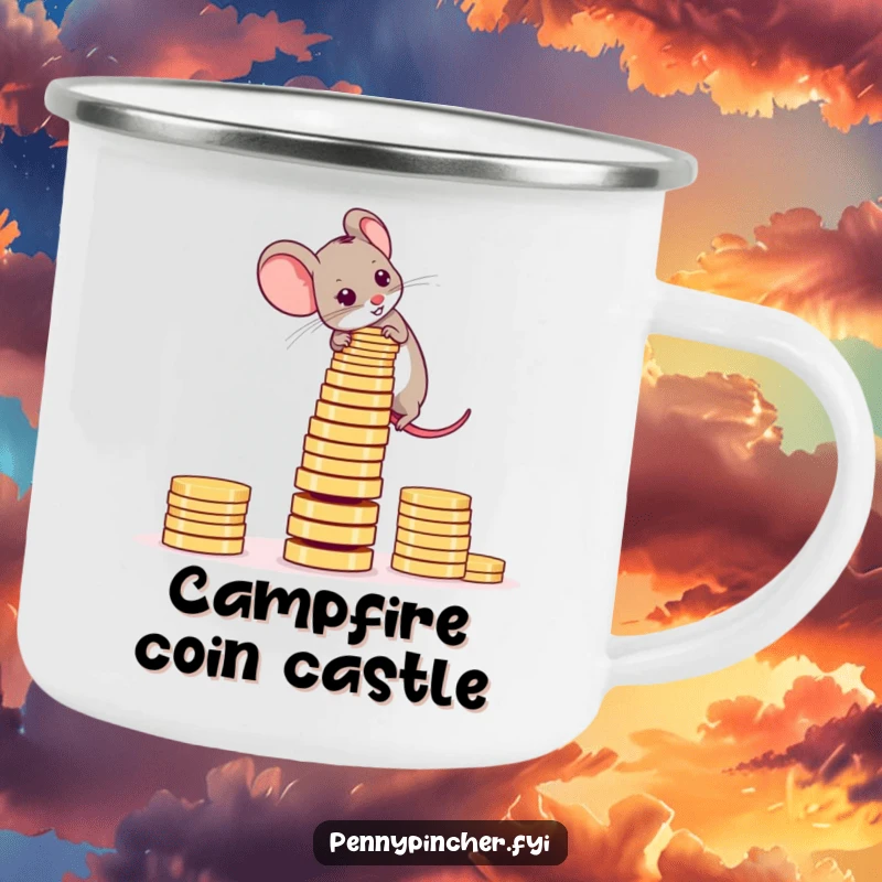 Funny Camping Mug showing an ambitious mouse carefully stacking shiny coins into a wobbly tower outdoors.