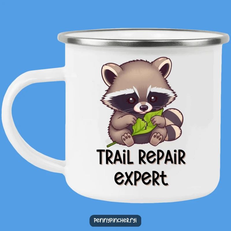 Funny Raccoon Mending Camping Mug: Enamel mug with a raccoon fixing a leaf for outdoor use.