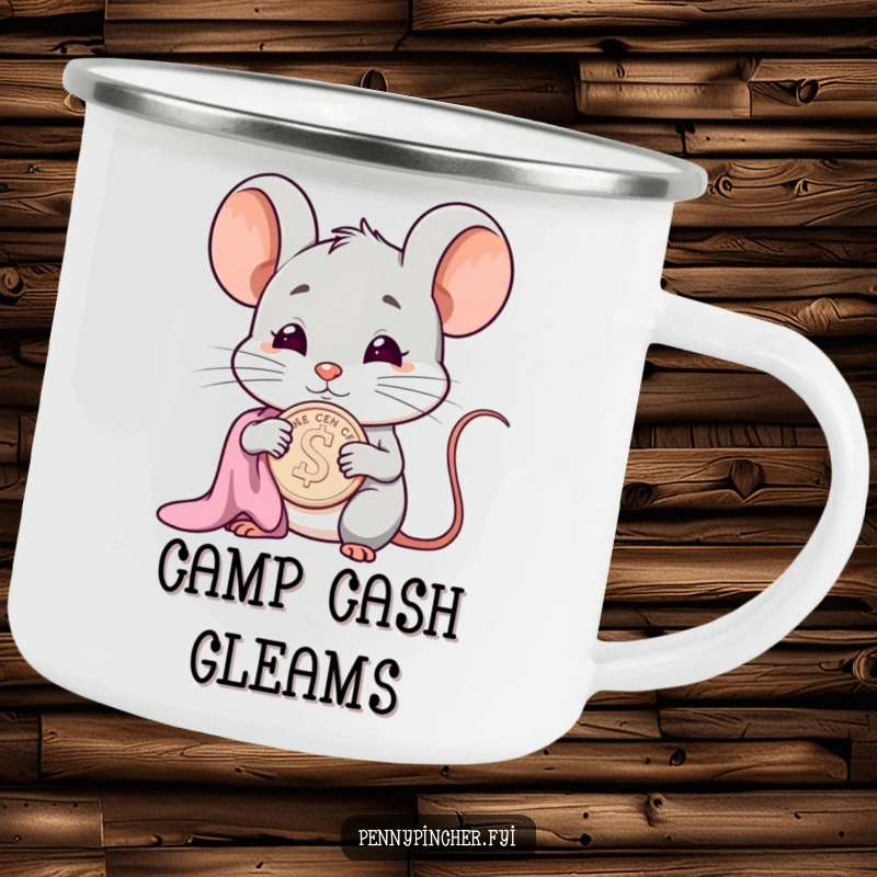 Funny smug mouse character camping mug, polishing a cent, perfect for enjoying beverages outdoors.