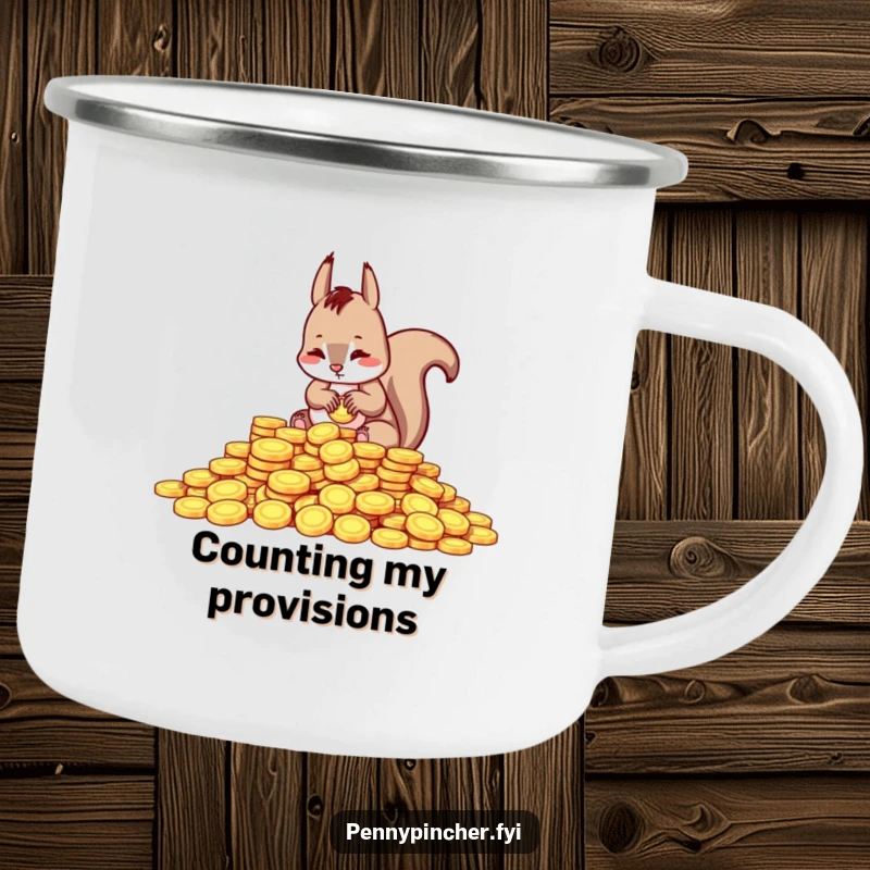 Funny camping mug with a squirrel character meticulously counting shiny coins, ready for outdoor adventures with a humorous twist.