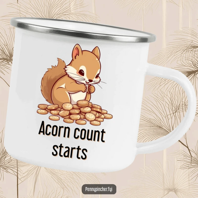 Funny Camping Mug showing a determined squirrel meticulously counting shiny pennies in the great outdoors.