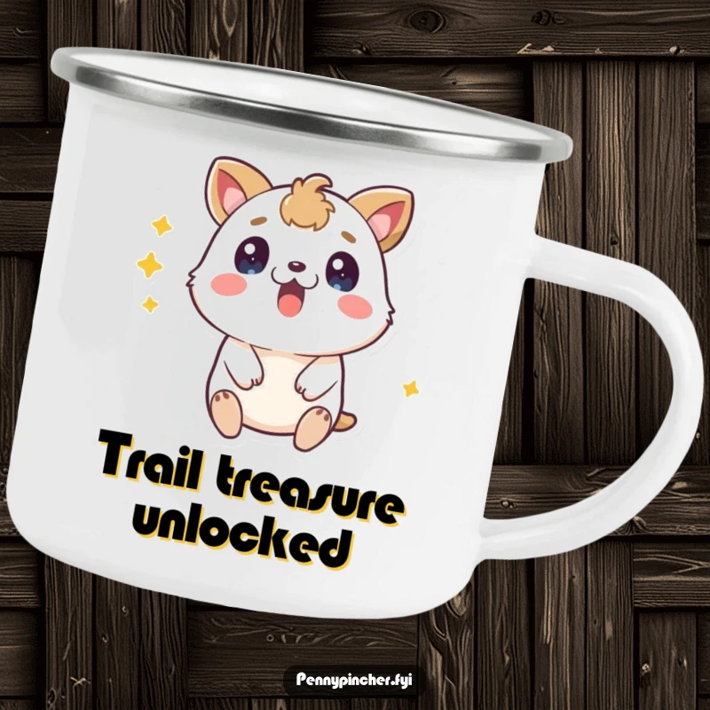 Funny surprised animal camping mug, showing astonishment over loose change found outdoors, a rugged and humorous vessel.