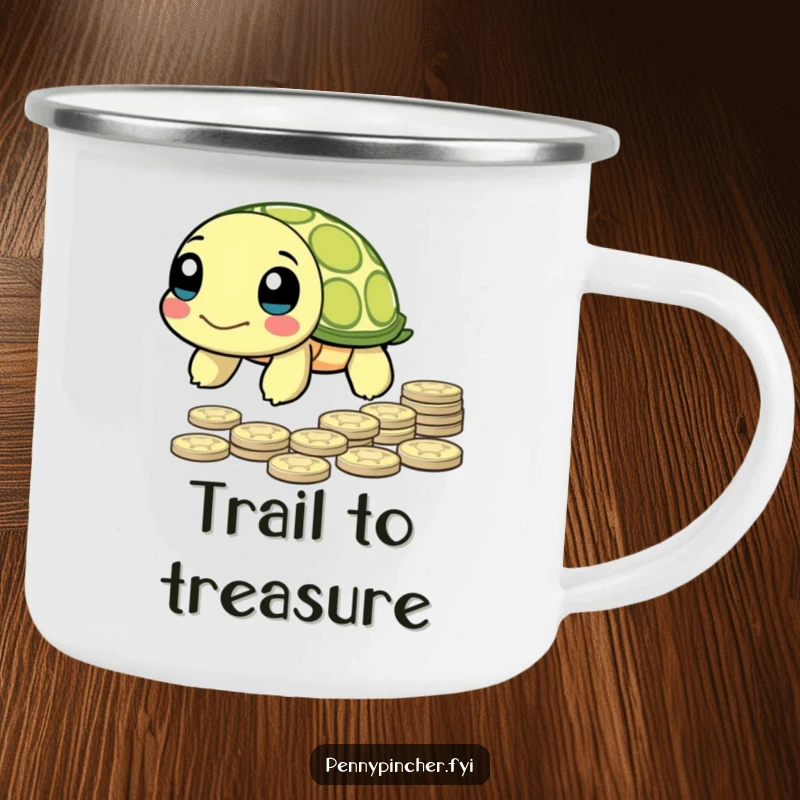 Funny Camping Mug with a determined turtle character slowly approaching a pile of pennies, ideal for outdoor sipping.