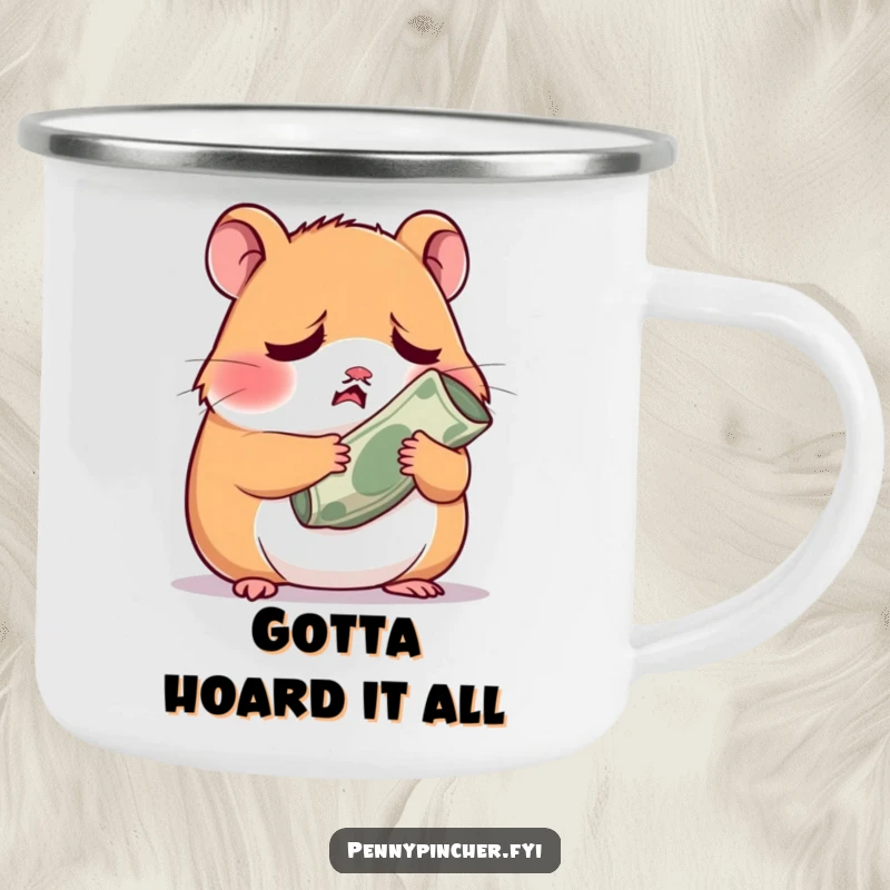 Funny worried hamster character clutching a tiny rolled-up bill, perfect for outdoor adventures and humor.