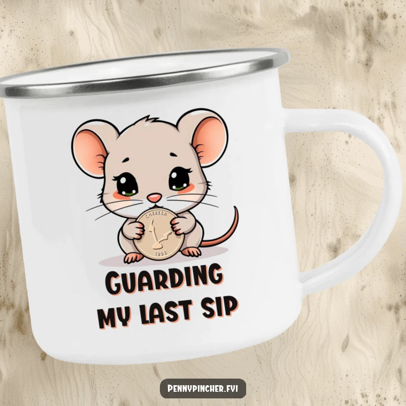Funny camping mug with a cautious mouse character guarding a shiny penny, ready for outdoor adventures with a humorous twist.