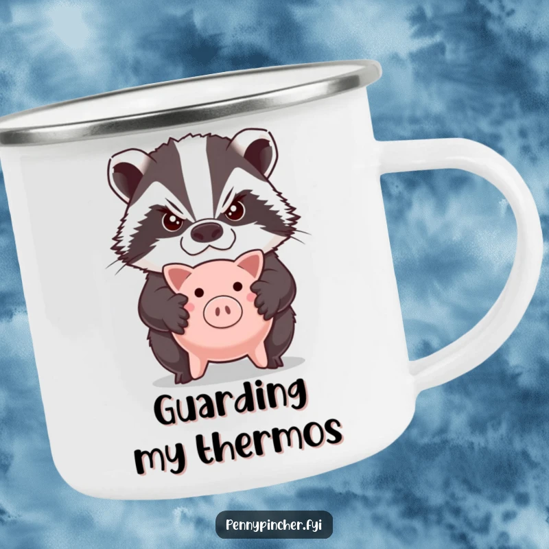 Funny camping mug with a grumpy badger character with crossed arms, guarding a tiny piggy bank, ready for adventure.