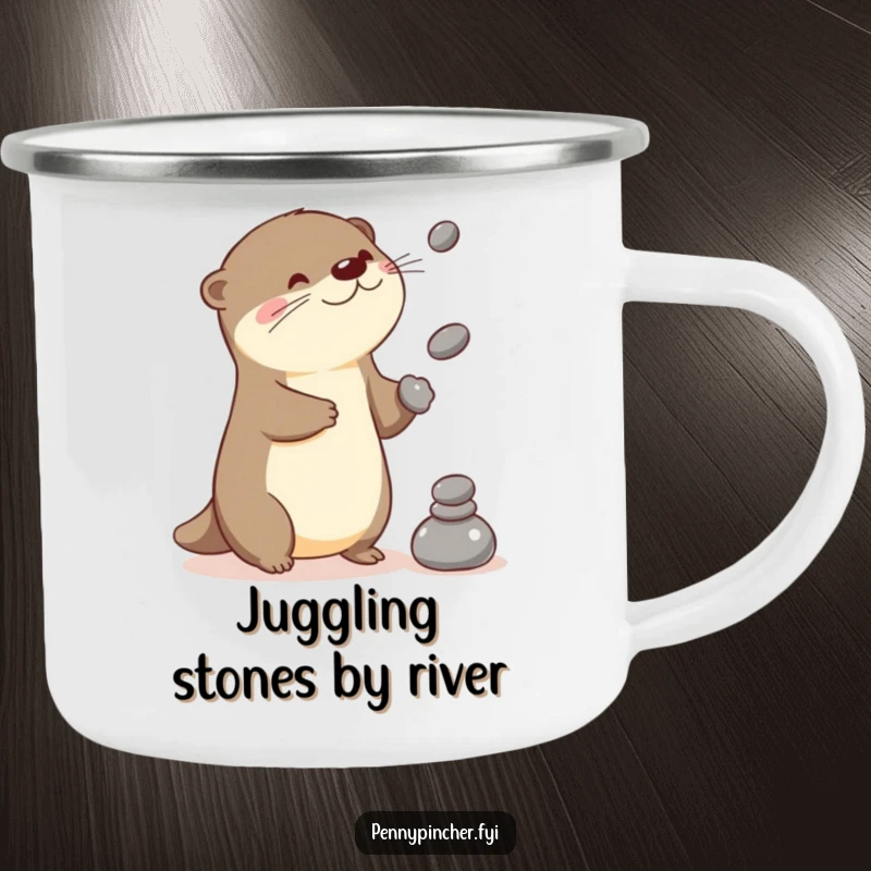 Funny otter camping mug with a playful Kawaii character juggling stones, ready for adventures.