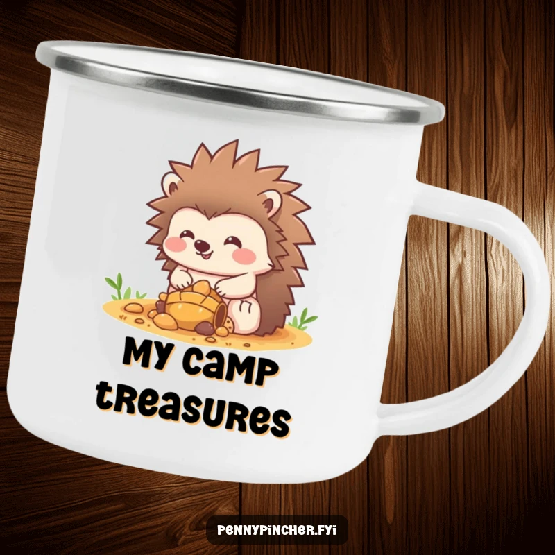 Funny Hedgehog Camping Mug: A cheerful hedgehog character vigilantly guards a pile of delicious snacks, ready for the great outdoors. Perfect funny gift!