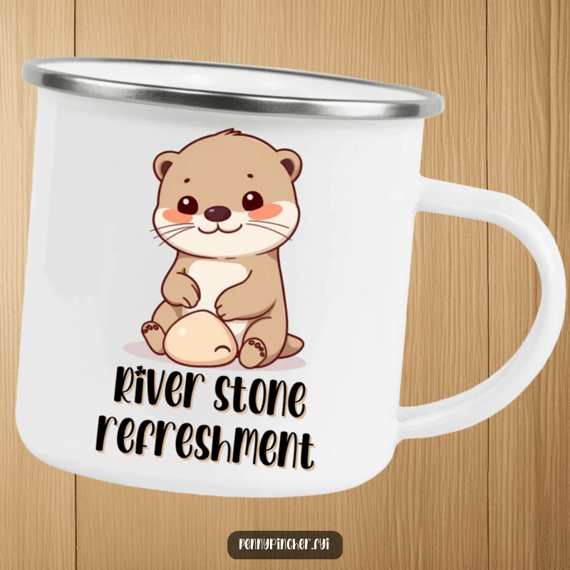 Funny otter camping mug, a cheerful character playing with a pebble, durable and humorous for outdoor use.