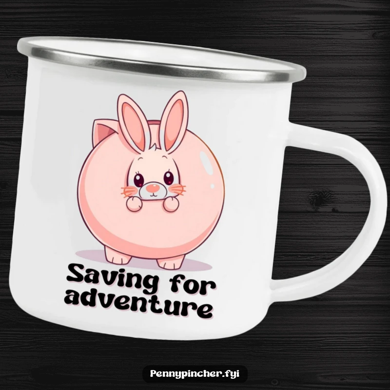 Funny shy rabbit peeking from behind a giant piggy bank, a humorous camping mug for quiet adventures.