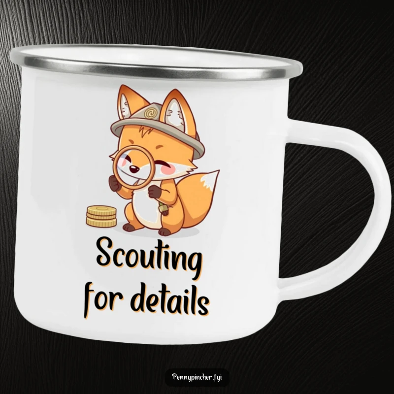 Funny camping mug illustration of a resourceful fox using a coin as a magnifying glass, perfect for the observant outdoors person.