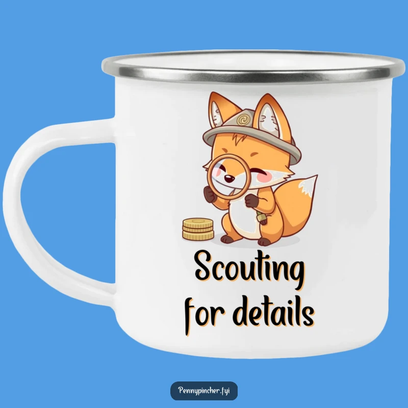 Funny Explorer Fox Coin Camping Mug: Resourceful Character's Outdoor Gear