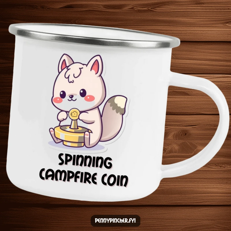 Funny spinning animal camping mug, happily playing with a coin as a spinning top in the great outdoors, a humorous and durable vessel.