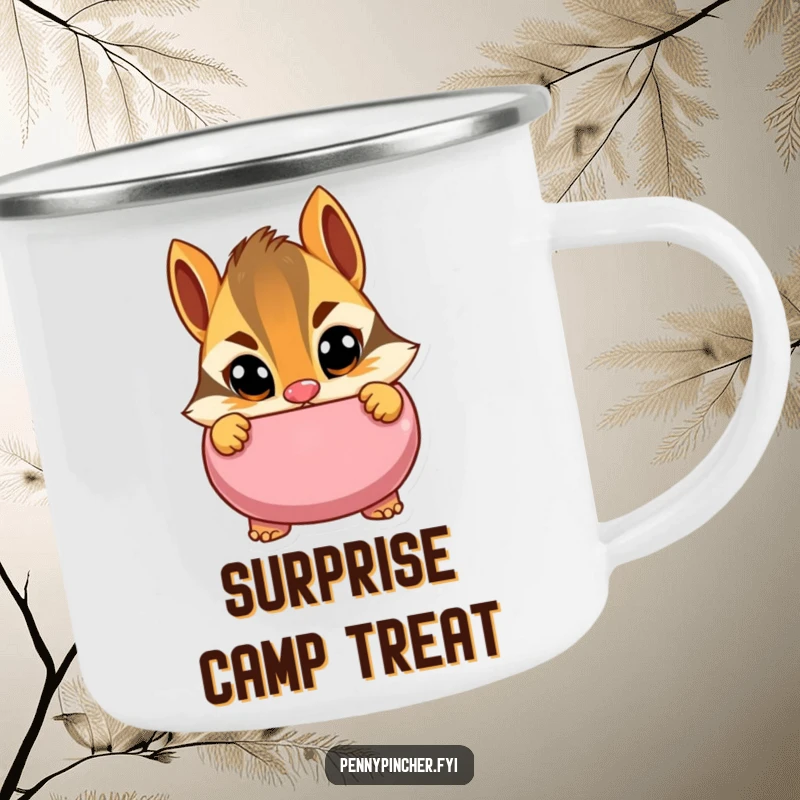 Funny camping mug featuring a cautious chipmunk character peeking into a piggy bank with wide eyes, perfect for outdoor drinks with a humorous, watchful vibe.