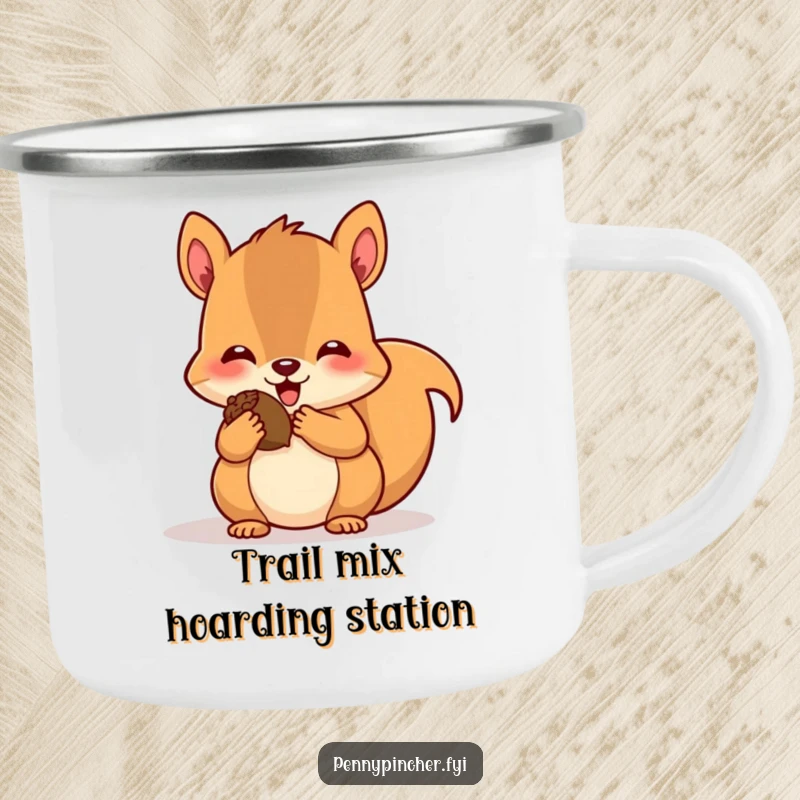 Funny camping mug showing a delighted squirrel stuffing its cheeks with acorns, ready for an outdoor adventure with a satisfied expression.
