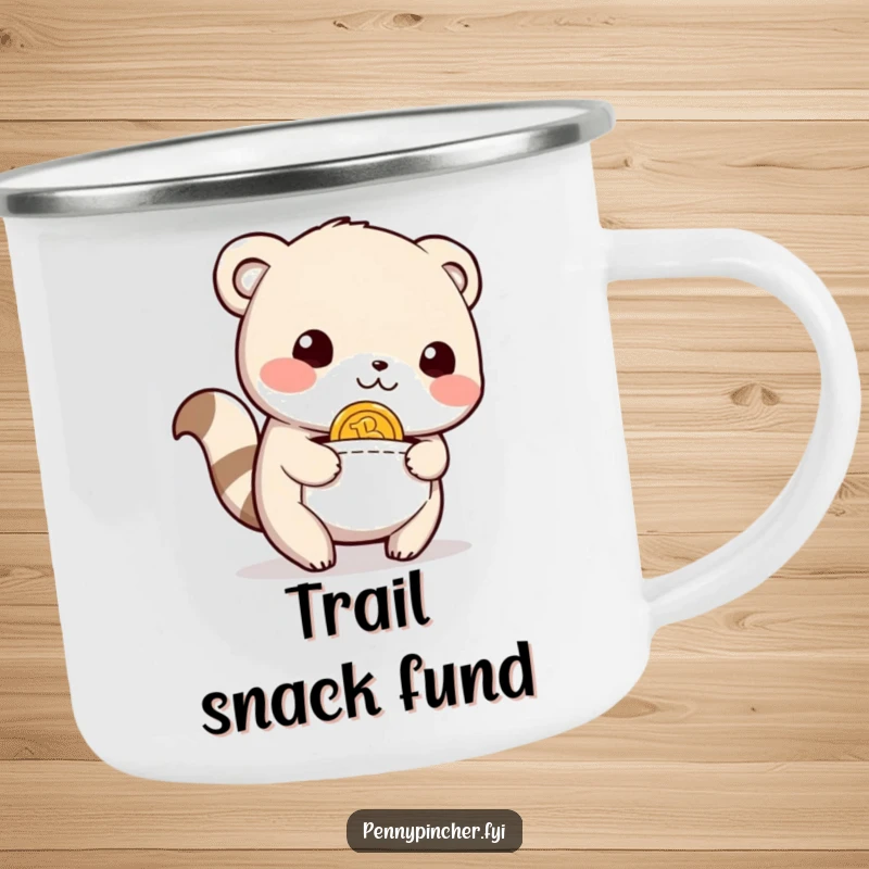 Funny Camping Mug showing a happy, relieved animal character joyfully finding a coin in its pocket, perfect for outdoor enjoyment.