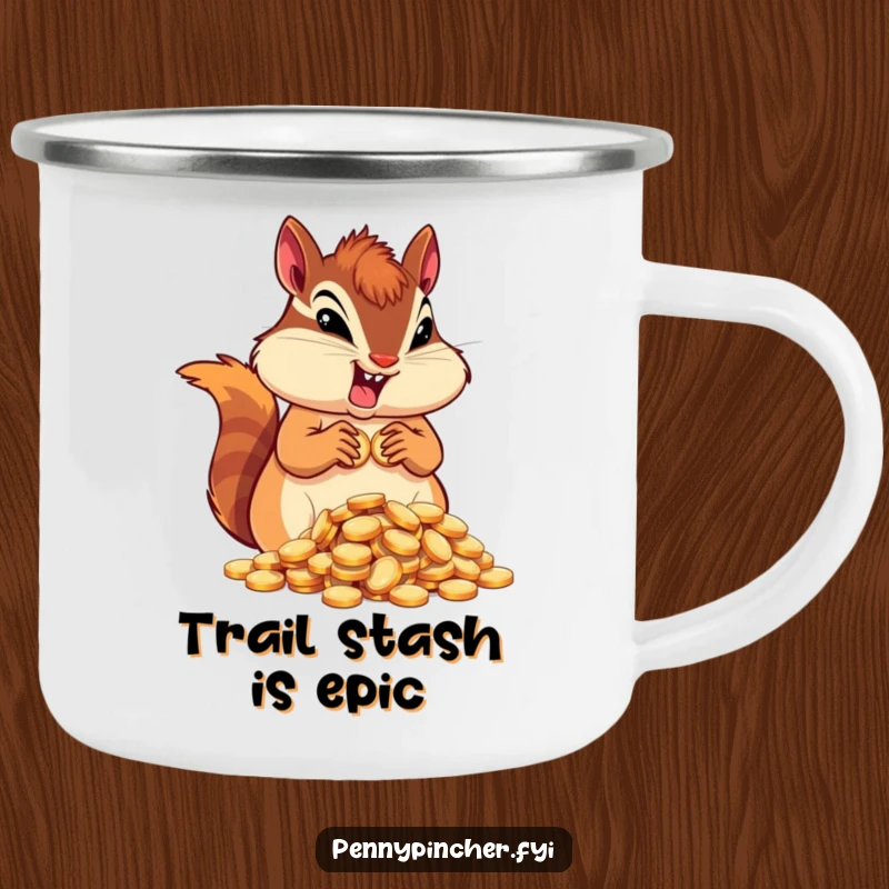 Funny determined chipmunk character camping mug, hoarding coins, perfect for enjoying beverages outdoors.