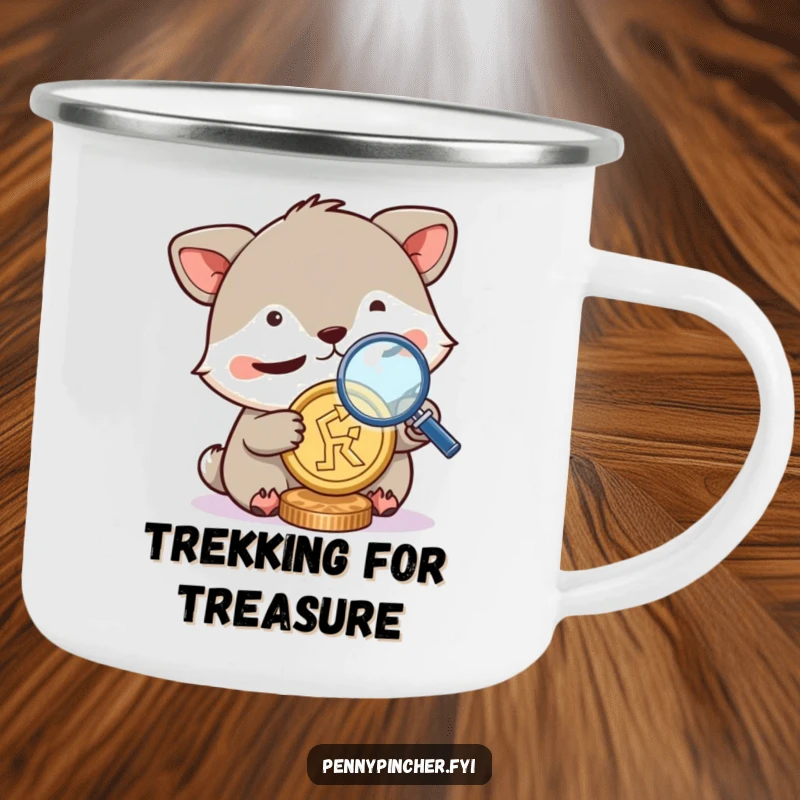 Funny camping mug, animal character squinting with a magnifying glass over a coin, designed for outdoor enthusiasts who value scrutiny and humor.