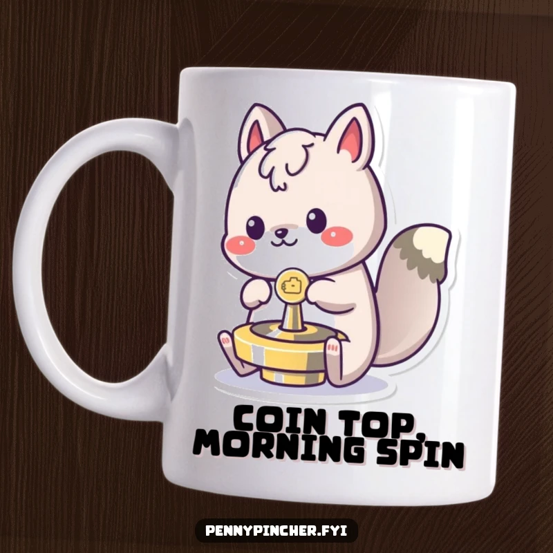 Funny spinning animal mug, happily engrossed in spinning a coin like a top, a humorous depiction of playtime.