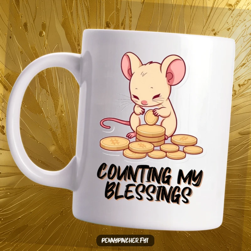 Funny mug depicting a tiny mouse character meticulously counting a single coin with intense focus.
