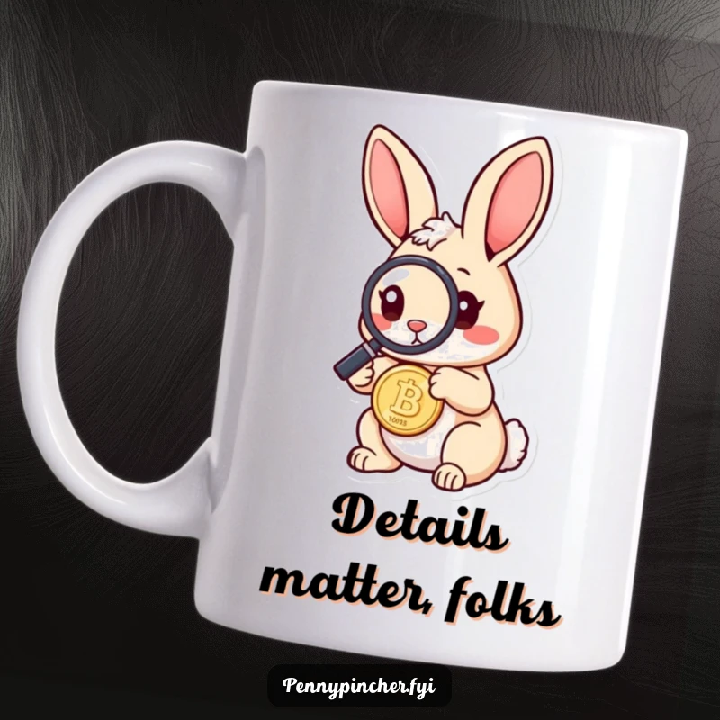 Funny rabbit mug with a curious rabbit wearing a magnifying glass, intently inspecting a shiny coin, symbolizing detailed observation and humor.